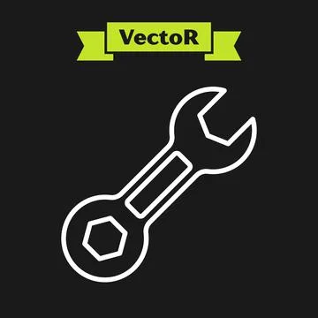 White line Wrench spanner icon isolated on black background. Vector Stock Illustration