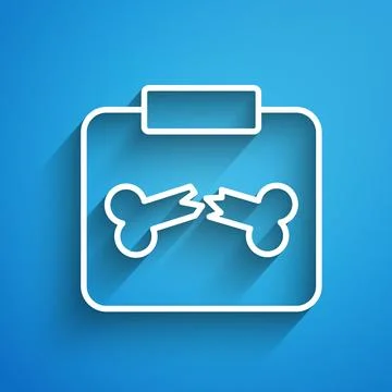 White line X-ray shots with broken bone icon isolated on blue background. L.. Stock Illustration