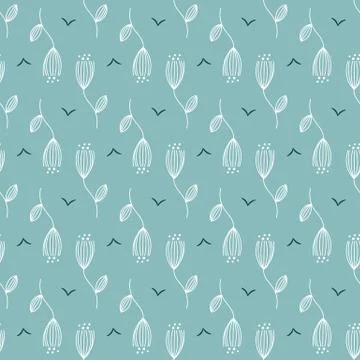 White linear flowers seamless vector blue pattern 스톡 일러스트