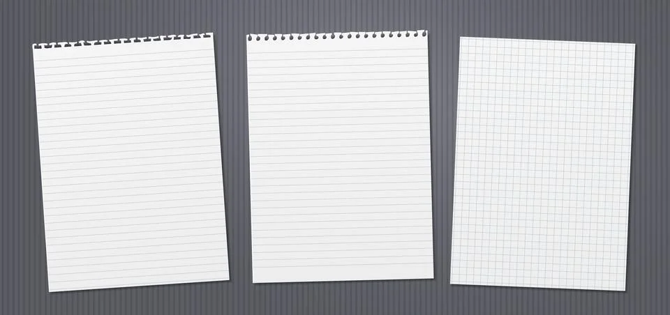 White lined and math note, notebook paper with torn edges stuck on dark grey Stock Illustration