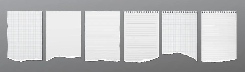 White lined and math note, notebook paper with torn edges stuck on dark grey Stock Illustration