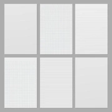 White lined and squared note, notebook paper stuck on grey backgroud. Vector Stock Illustration