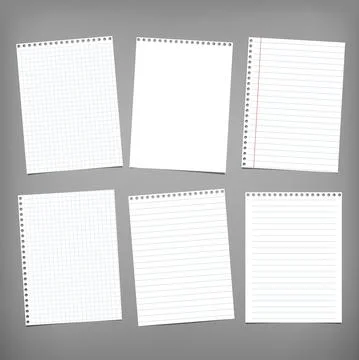 White, lined and squared note, notebook paper are on dark grey background for Stock Illustration