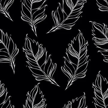 White lined feather isolated on black background. Seamless pattern. Vector Stock Illustration