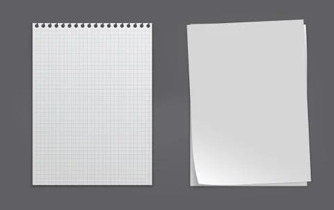 White, lined note, notebook paper with soft shadow are on black background for Stock Illustration