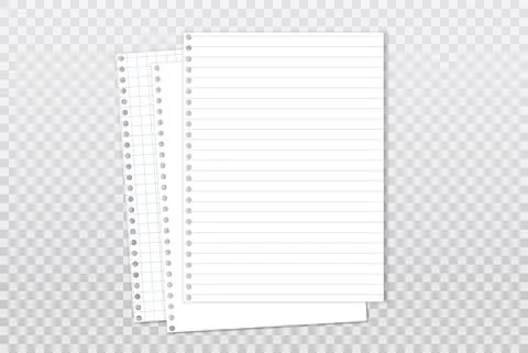 White, lined note, notebook paper with soft shadow are on squared background for Stock Illustration