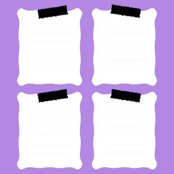 White Lined Paper Notes Set with Black Tape on Purple Background Stock Illustration