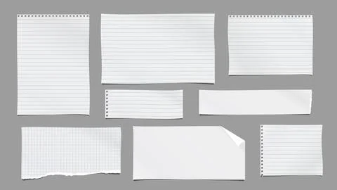 White, lined, squared torn note, notebook paper are on dark grey background for Stock Illustration