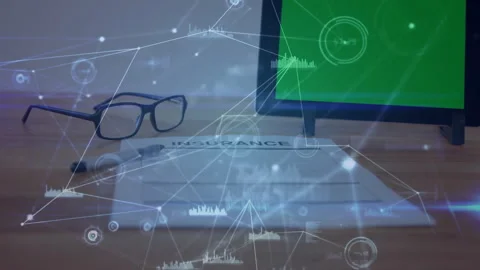White lines and data nodes appearing over desk items forming digital network Stock Footage 312407115