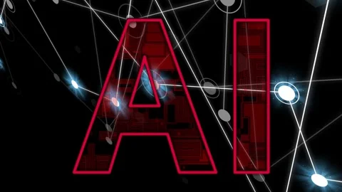 White lines and nodes entering from left, pulsing around red AI, forming grid Stock Footage 335739654