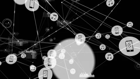 White lines, number circle emerging, phone and music icons grouping, linking 動画素材 320416592