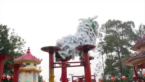 White lion dance posing on a red pole looking at the bright sky Stock Footage 260382483