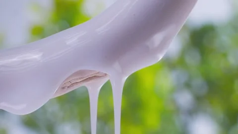 White liquid flows down a dry wooden branch against a green background Видео 258322560