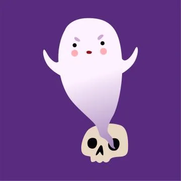 White Little Ghost Flying From Human Skull Bone, Cute Halloween Spooky Character 库存插图