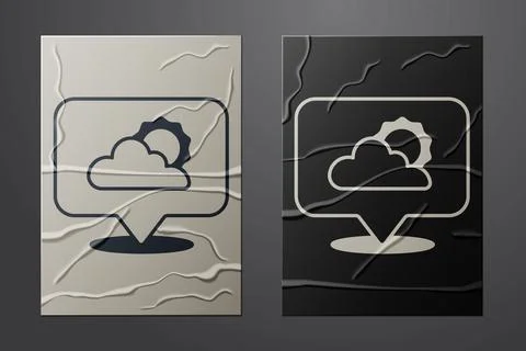 White Location cloud icon isolated on crumpled paper background. Paper art style Illustrazione stock