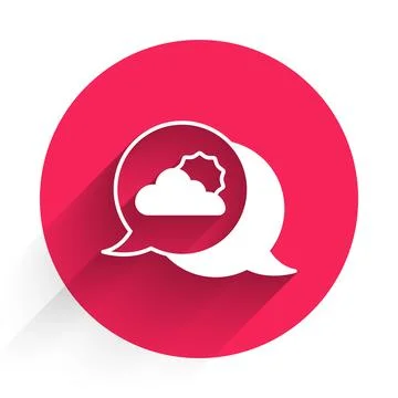White Location cloud icon isolated with long shadow. Red circle button. Vecto Illustrazione stock