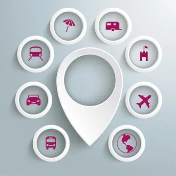 White location marker 8 circles withtravel icons piad Stock Illustration
