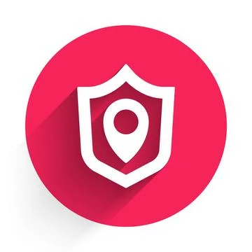 White Location shield icon isolated with long shadow. Insurance concept. Guar Stock Illustration