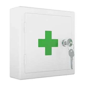 White locked first aid cabinet with keys for emergency supplies, medical ac.. Stock Illustration