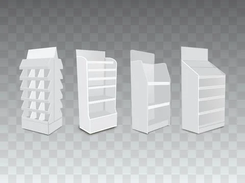 White Long Blank Empty Showcase Displays With Retail Shelves. Stock Illustration