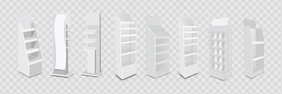 White Long Blank Empty Showcase Displays With Retail Shelves. 3D Products O.. Stock Illustration