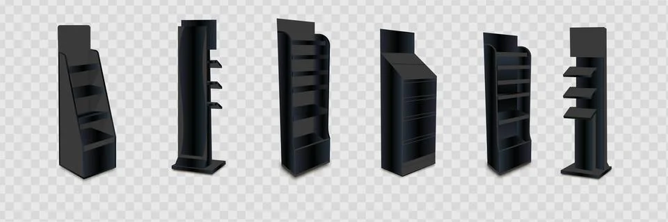 White Long Blank Empty Showcase Displays With Retail Shelves. 3D Products O.. Stock Illustration
