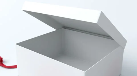 White, low gift box with red ribbon opening Video stock 30534273