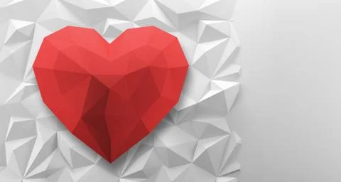 White low poly background with red heart. 3d rendering. Иллюстрация