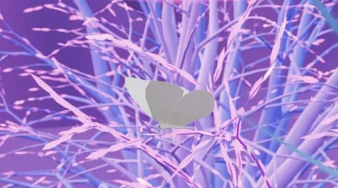 White low poly butterfly sitting on pink tree branch in fairy forest Stock-Illustration