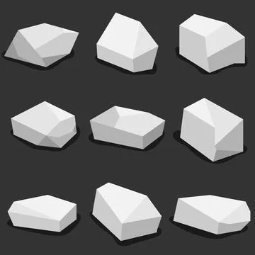 White low poly stones vector set nine geometric 3d rocks isolated on dark Stock Illustration