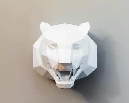 White low poly tiger head on gray background, paper animal trophy on the wall Stock Illustration