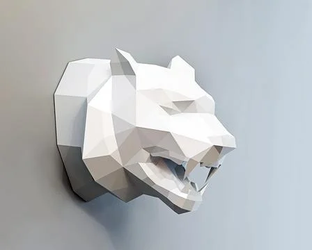 White low poly tiger head on gray background, paper animal trophy on the wall Illustrazione stock