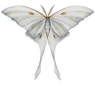 White Luna Moth on isolated background. Watercolor illustration of Night moon Stock Illustration