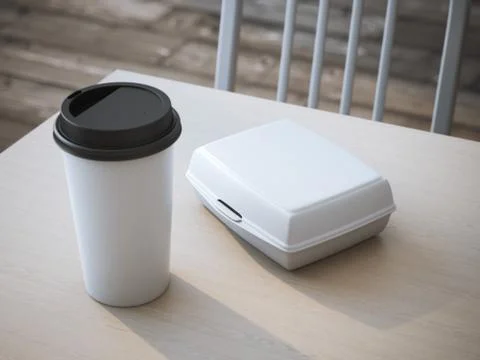 White lunch box with paper cup of coffee. 3d rendering Stock-Illustration