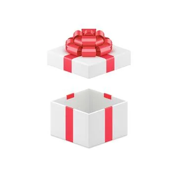 White luxury open gift box with red glossy bow ribbon 3d icon realistic vec.. Stock Illustration