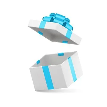 White luxury open gift box flying empty present pack with blue bow ribbon 3.. 스톡 일러스트