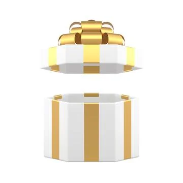 White luxury open gift box hexagonal present pack with golden bow ribbon 3d i Stock Illustration