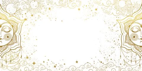White magic background with sleeping golden sun with face, space decor with c Stock Illustration