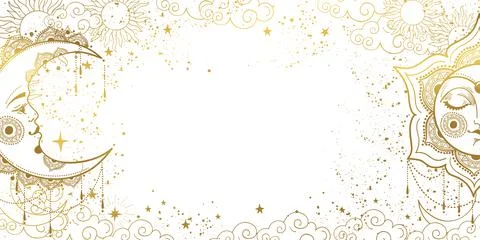 White magic background with sleeping golden sun with face and crescent moon Illustrazione stock