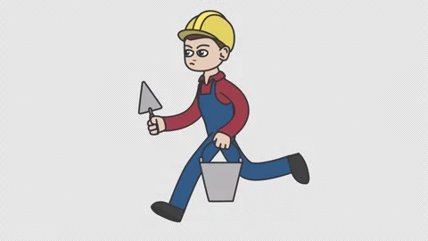 White male builder in a hard hat runs holding a spatula and a bucket Stock Footage 249352498