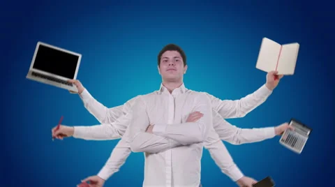 White male multi task with multiple hands on blue background Stock Footage 59942460