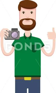 White man with a beard stands on a white background holds the camera and shows a Stock Illustration