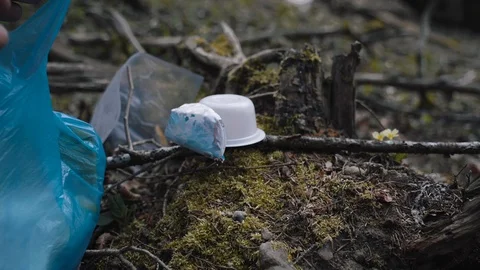 White man cleaning polluted forrest and picking plastic Stock Footage 105643075