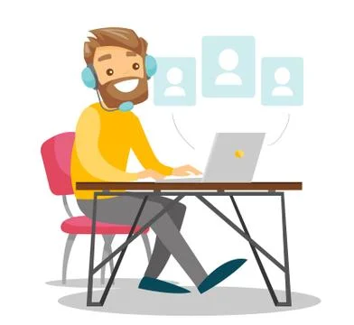 A white man in headset working at the office desk. イラスト素材