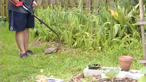 White man weed wacks between a garden and a bush in a suburban neighborhood Stockbeeldmateriaal 109553304