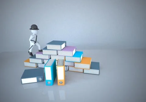 White manikin climbing stack of files Illustrazione stock