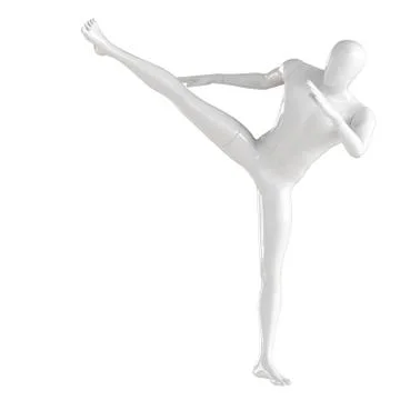 White mannequin guy kicks a high kick in the side stance. Isolated on a white Illustrazione stock