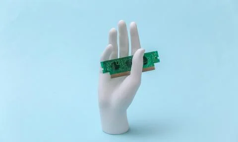 White mannequin hand holding computer chip and stands on blue background Stock Photos