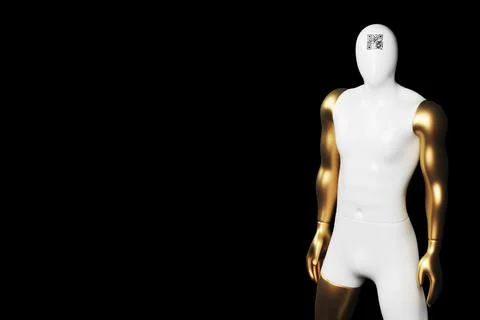 A white mannequin. with qr code on the forehead. Stands on a black background Stockillustratie