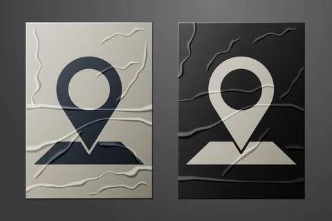 White Map pin icon isolated on crumpled paper background. Navigation, pointer Stock Illustration